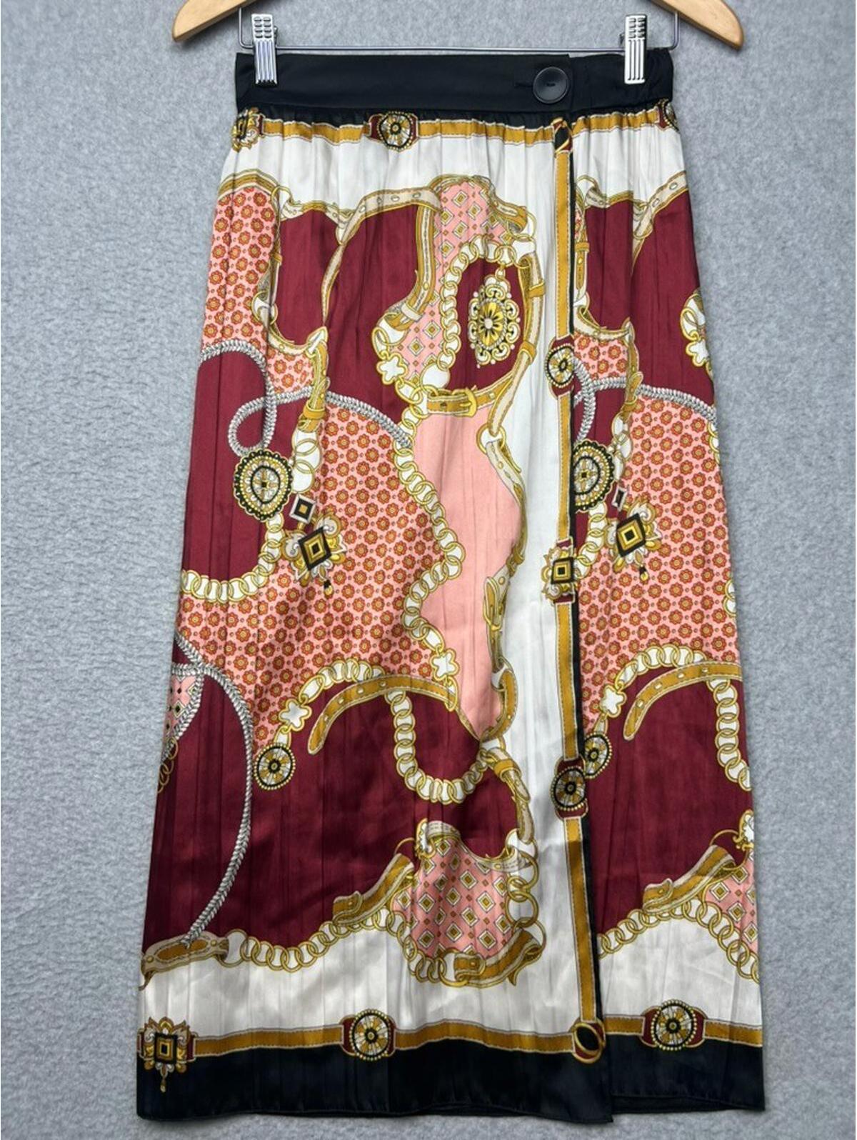 Zara Trf Collection Satin Chain Print Pleated Midi Wrap Skirt S/M Luxury Chic
